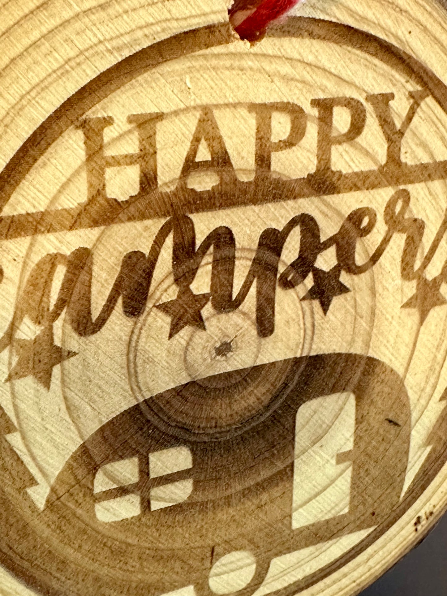 Engraved Live Edge Wooden Round Ornament - Happy Camper