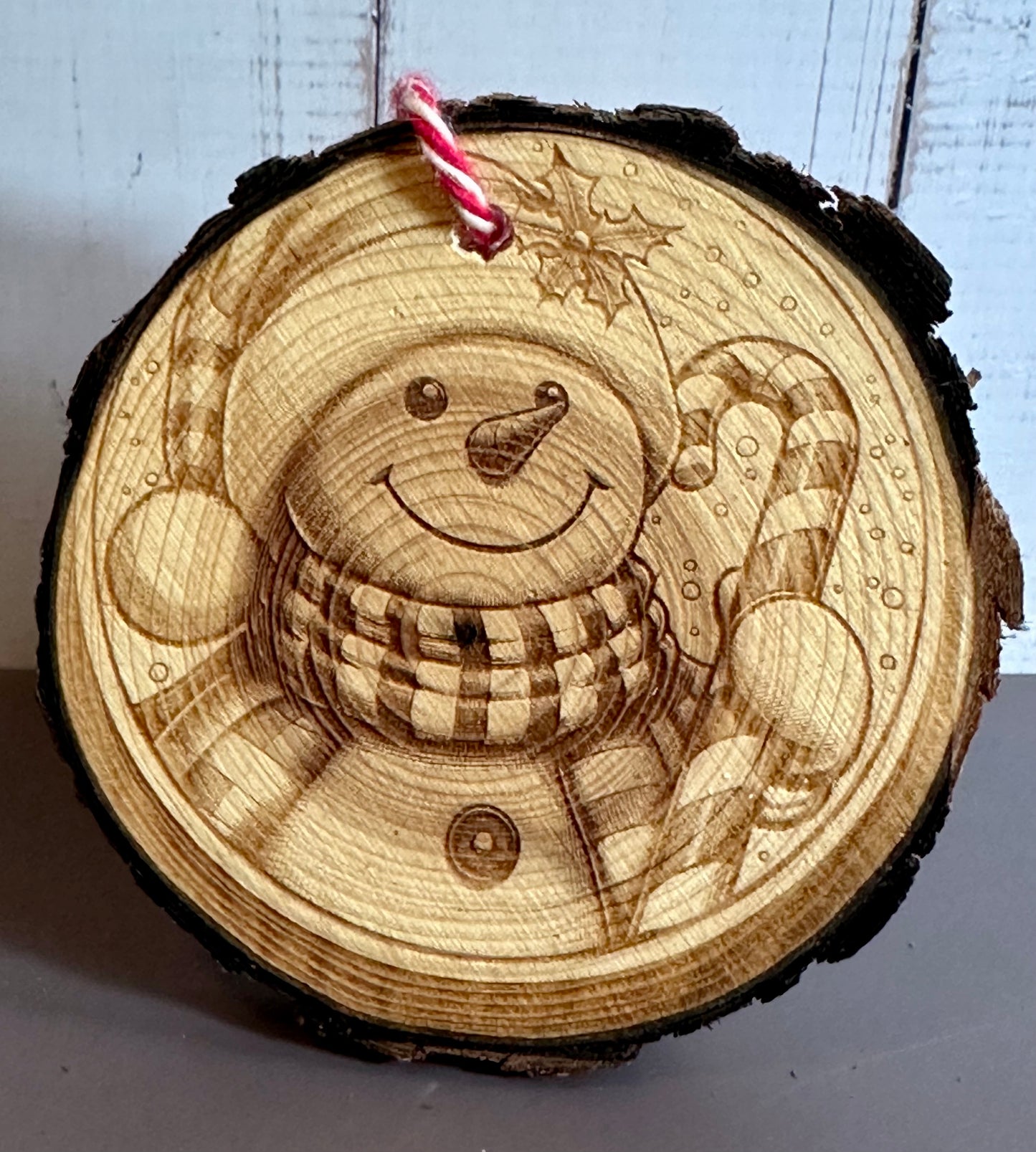 Engraved Live Edge Wooden Round Ornament - Snowman with Candy Cane