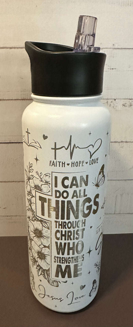 40oz. Insulated Water Bottle with Collapsible Straw Lid - White, Faith and God Collage