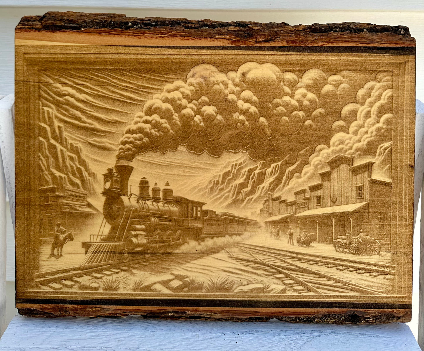 Steam Train in Western Town Live Edge Rectangular Plaque