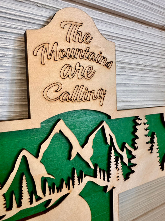3D Layered and Engraved Wood Cross - Mountains are Calling