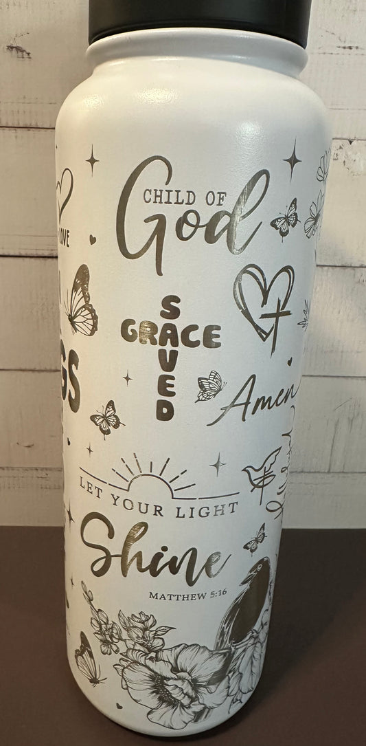 40oz. Insulated Water Bottle with Collapsible Straw Lid - White, Faith and God Collage