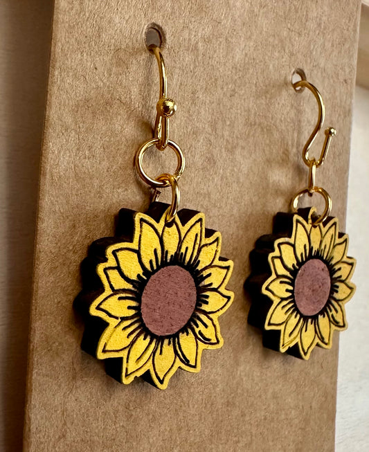 Wooden Engraved Dangle Earrings - Sunflowers