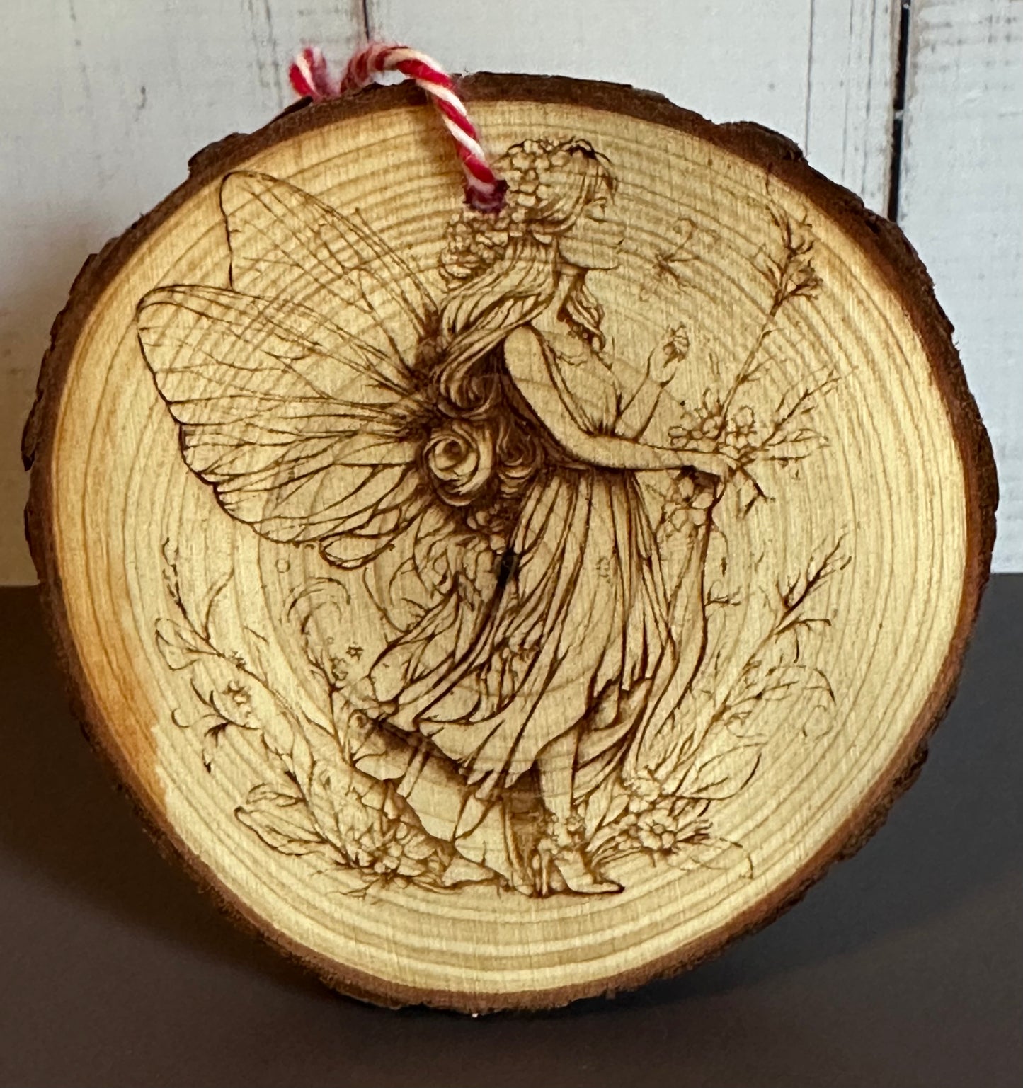Engraved Live Edge Wooden Round Ornament - Woodland Fairy