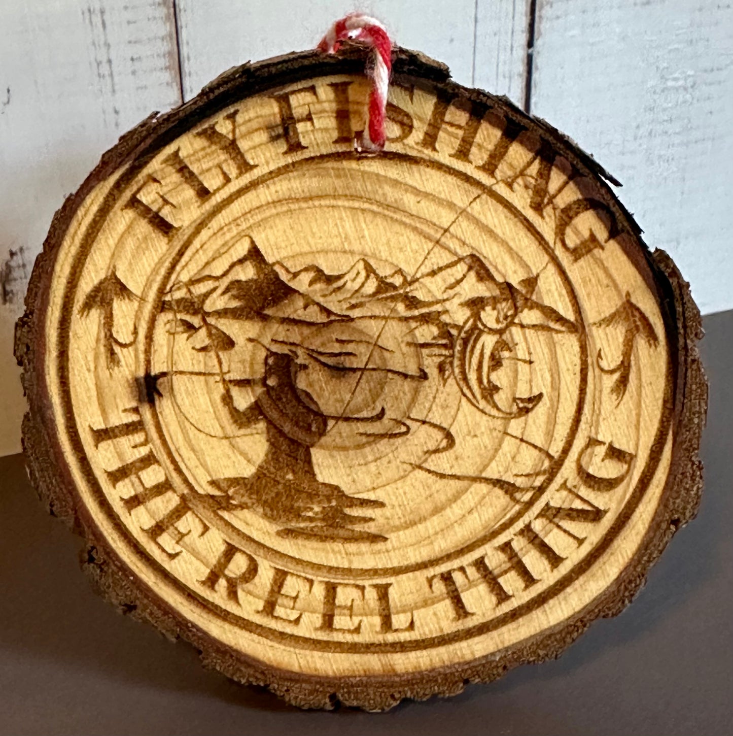 Engraved Live Edge Wooden Round Ornament - Fly Fishing, The Reel Thing