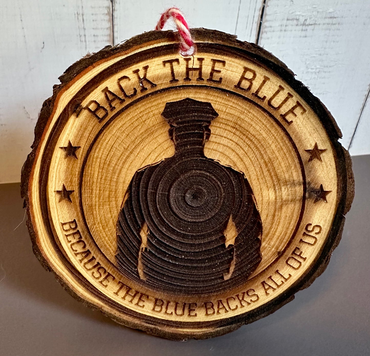 Engraved Live Edge Wooden Round Ornament - Back the Blue, Police Officer