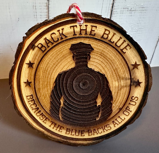 Engraved Live Edge Wooden Round Ornament - Back the Blue, Police Officer
