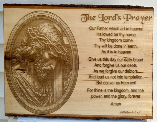 The Lord’s Prayer with Jesus in Circular Frame Live Edge Rectangular Plaque
