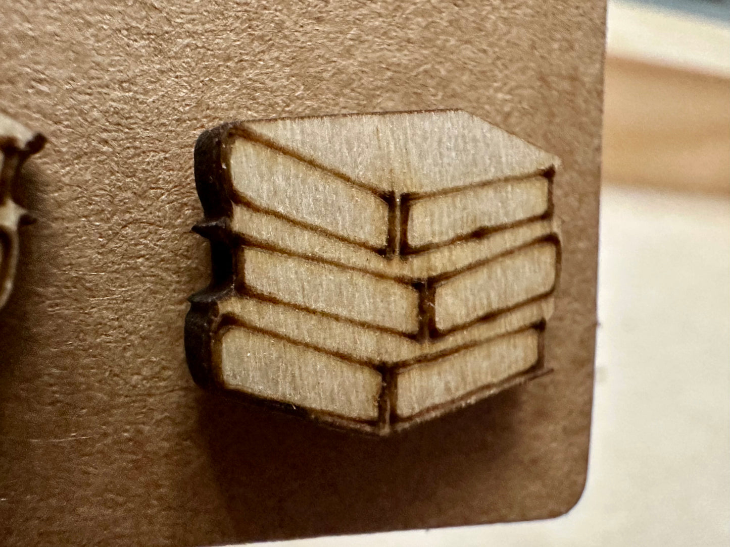 Wooden Engraved Earrings - Book Stack