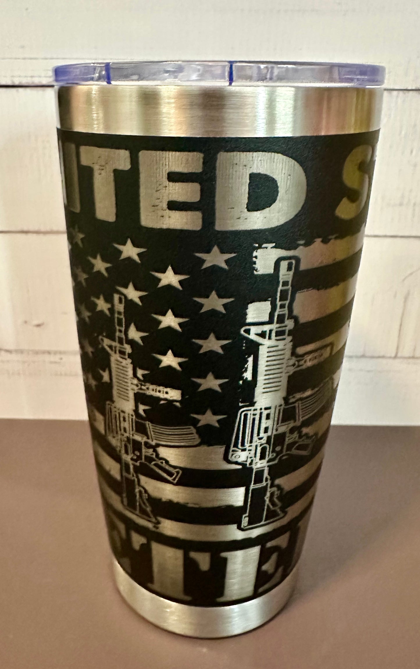 20oz. Insulated Travel Tumbler with Slide Lid - Black with Veteran and Guns