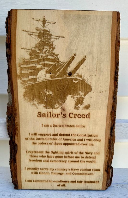 Military Sailor’s Creed with Naval Ship Live Edge Rectangular Plaque