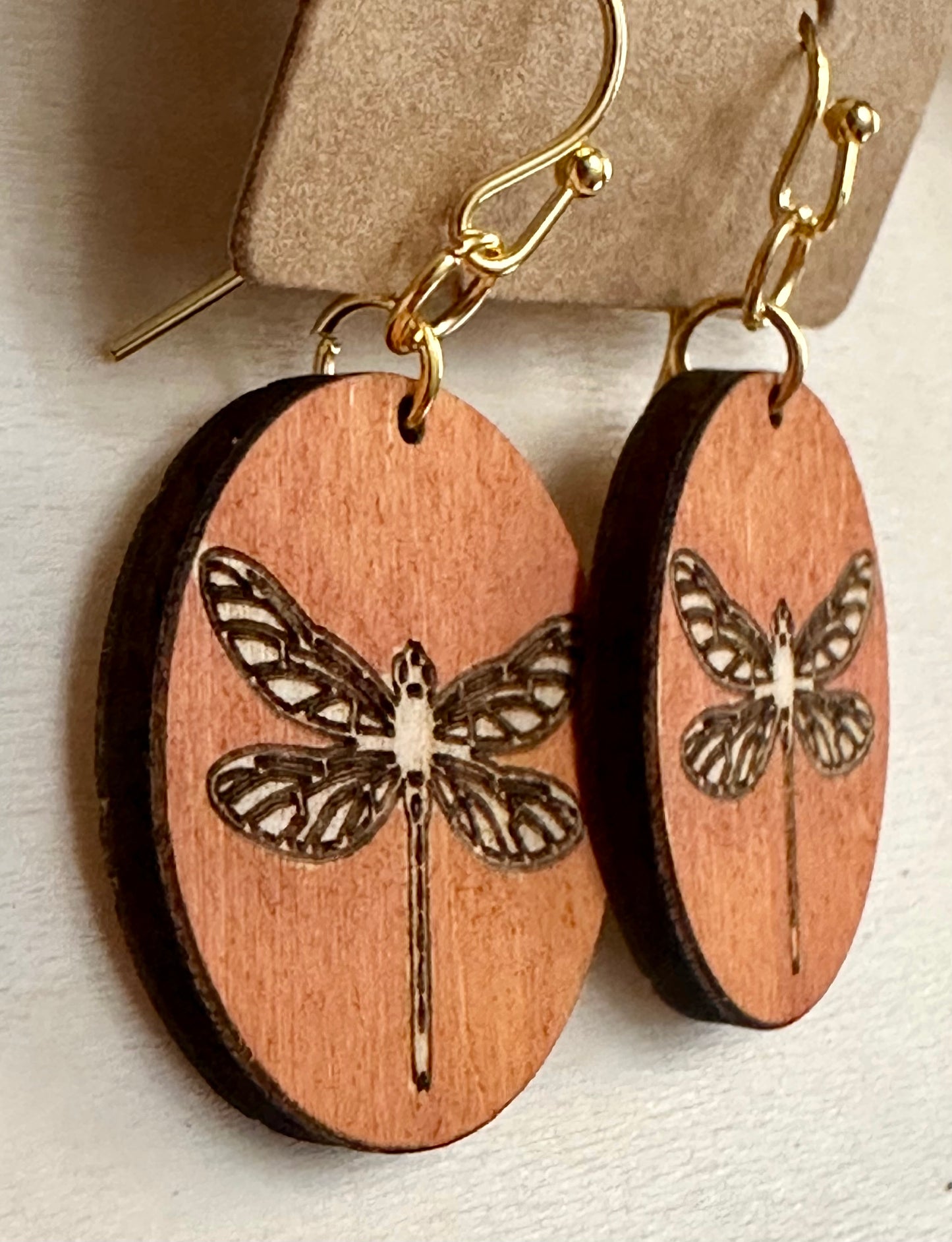 Wooden Engraved Dangle Earrings - Dragonfly Rounds