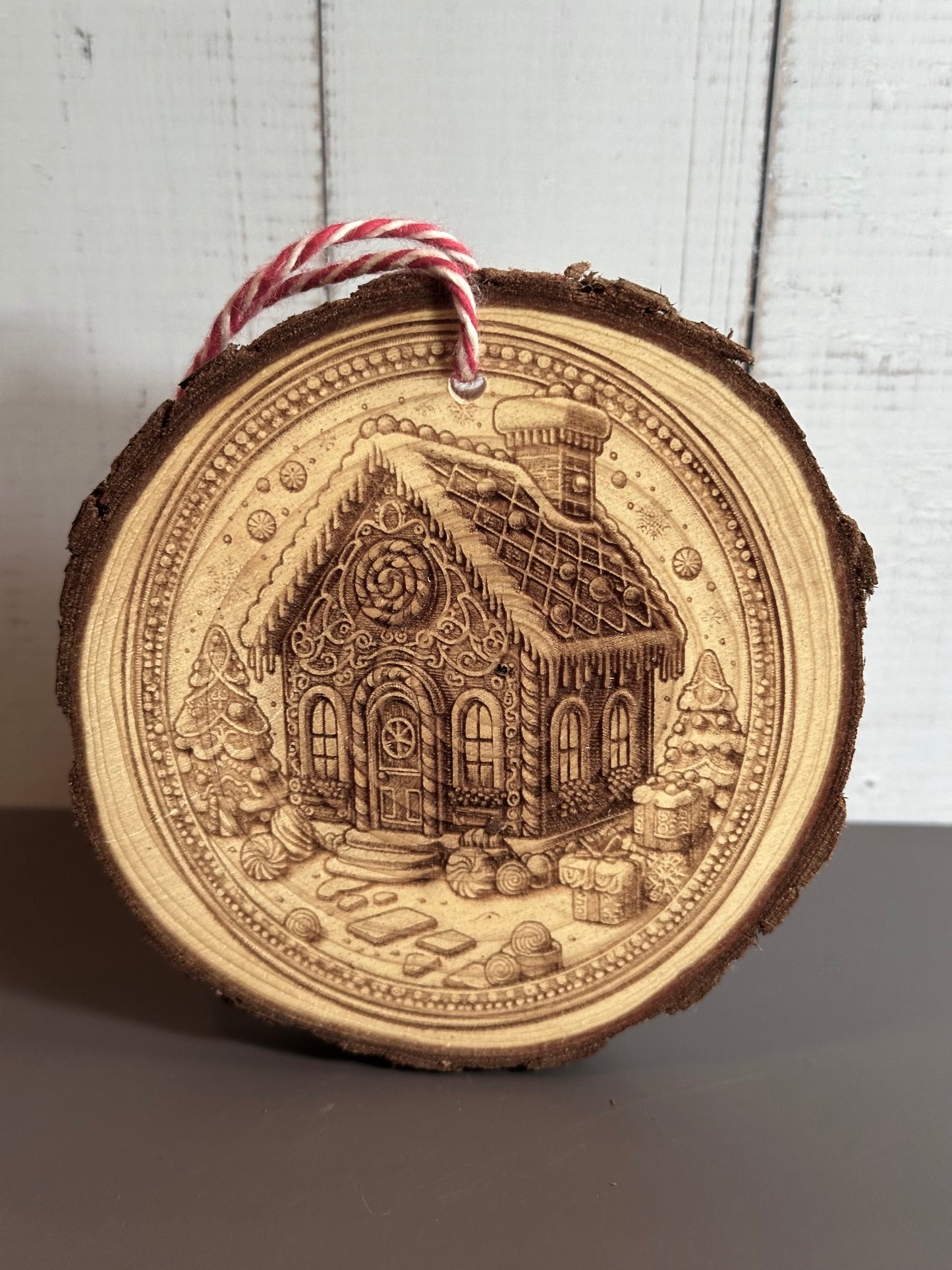 Engraved Live Edge Wooden Round Ornament - Ornate Gingerbread House