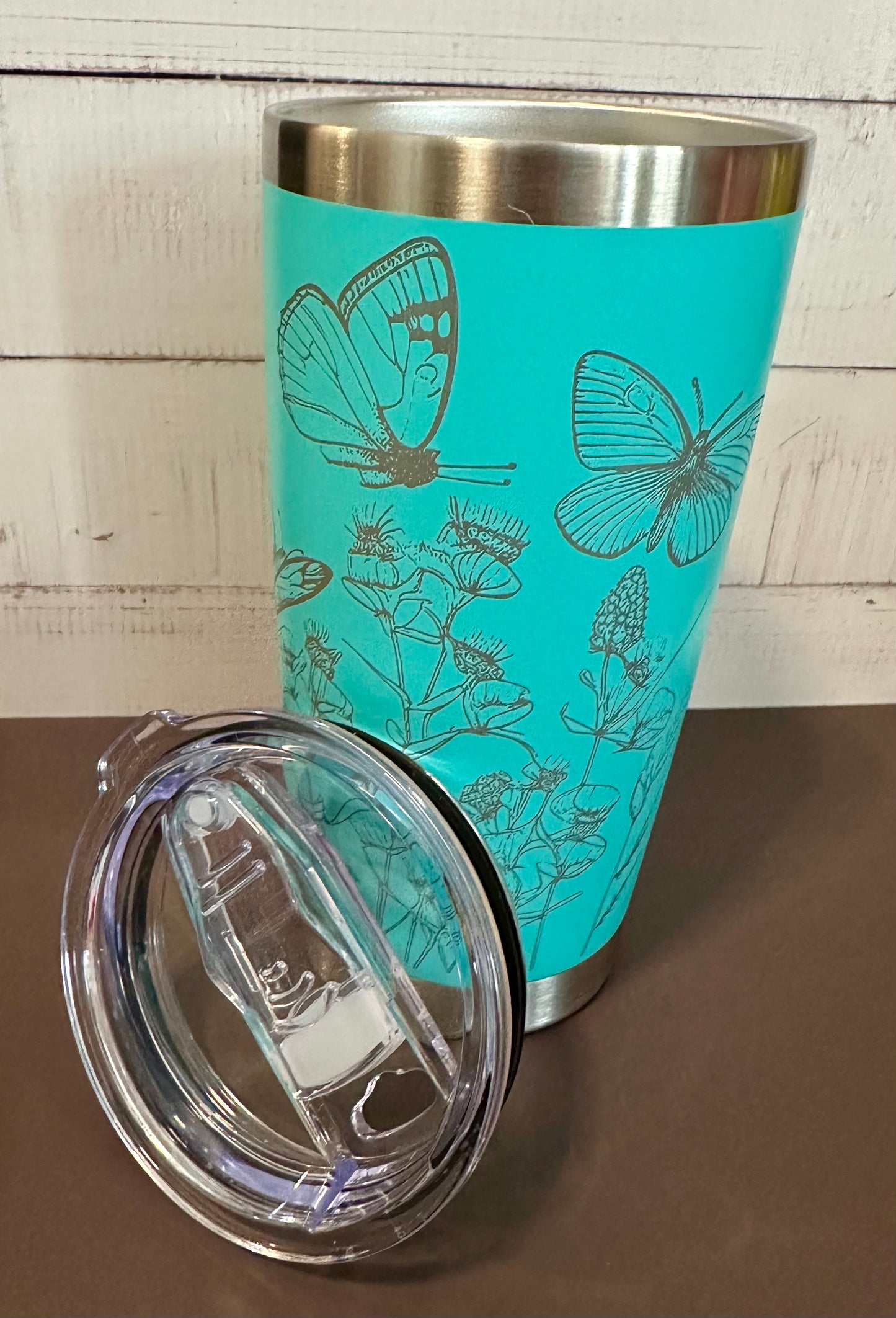 20oz. Insulated Travel Tumbler with Slide Lid - Teal with Wildflowers and Butterflies
