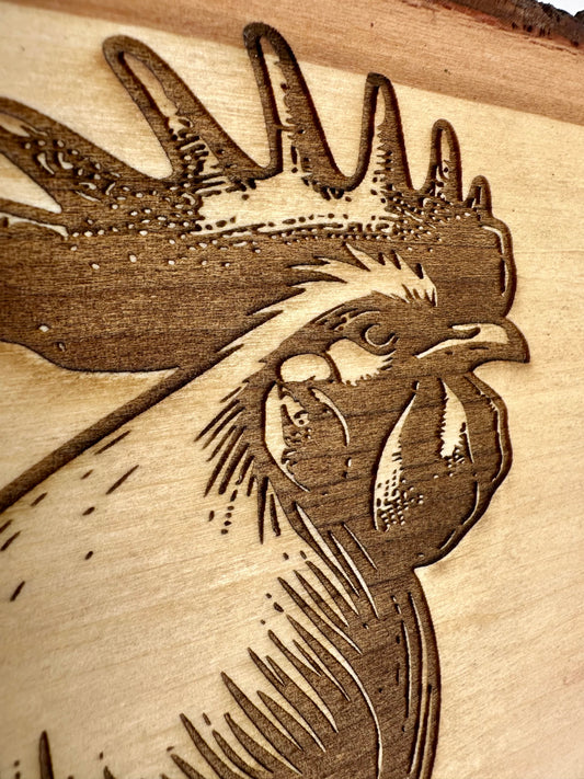 Rooster on Fence Live Edge Rectangular Plaque