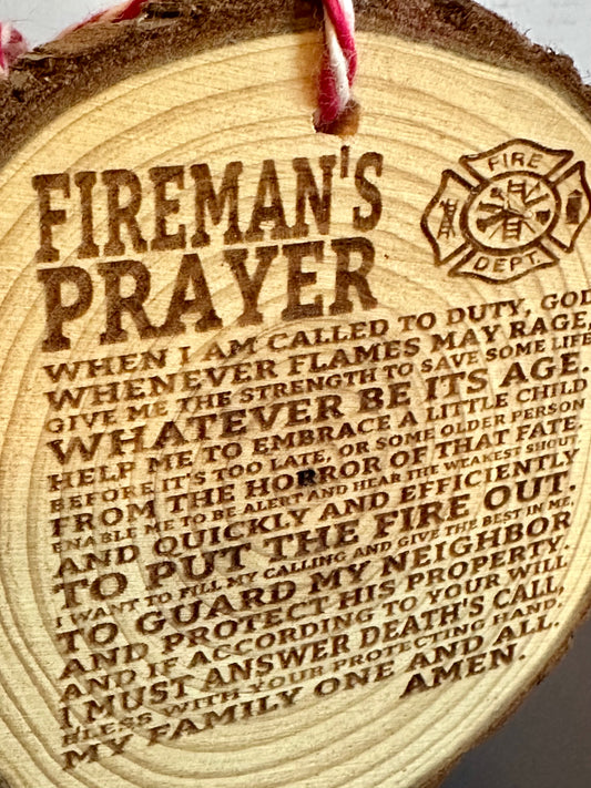 Engraved Live Edge Wooden Round Ornament - Fireman’s Prayer