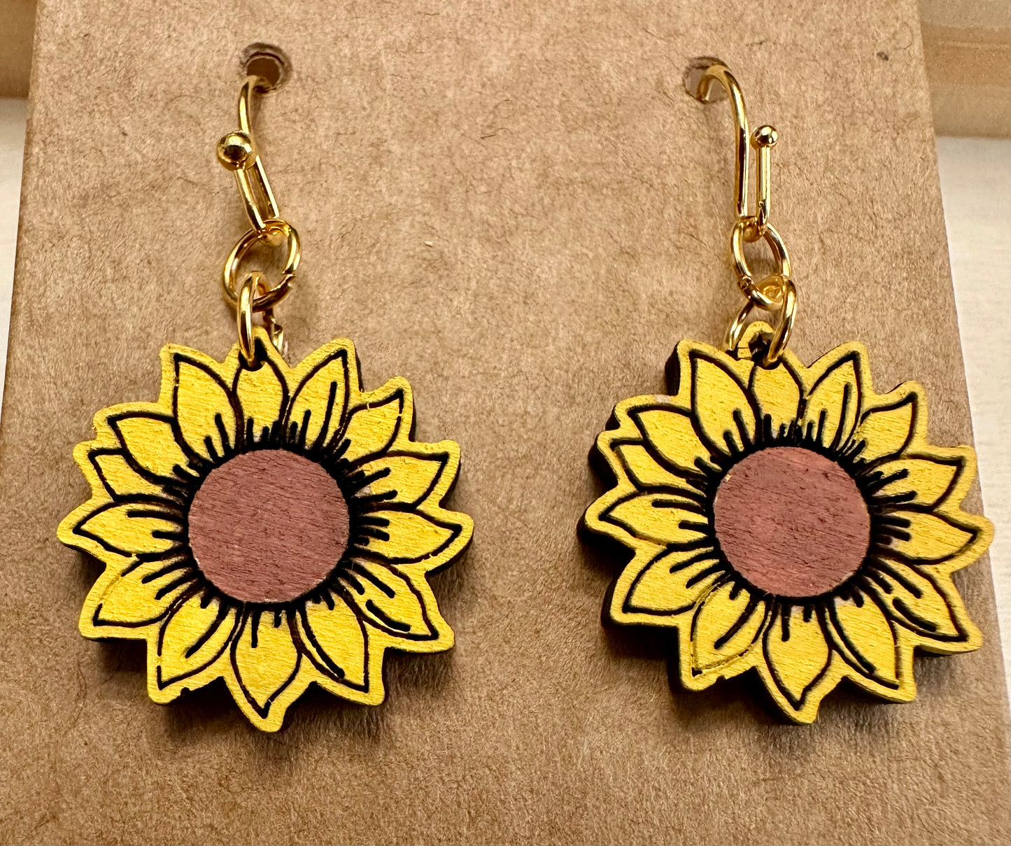 Wooden Engraved Dangle Earrings - Sunflowers