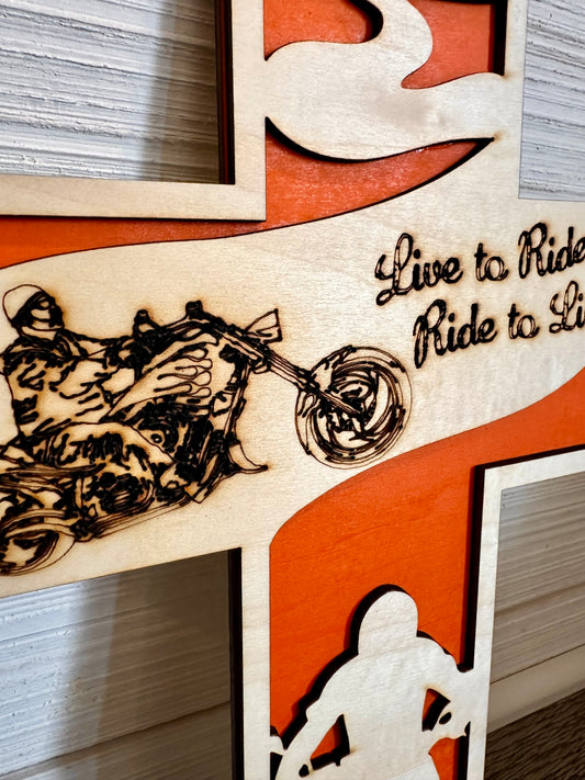 3D Layered and Engraved Wood Cross - Motorcycle