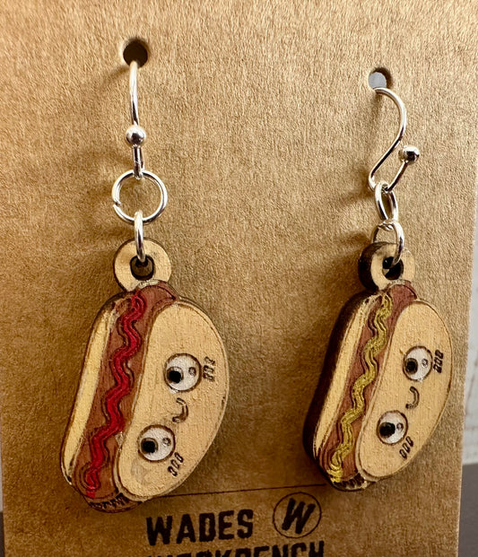Wooden Engraved Dangle Earrings - Hot Dog