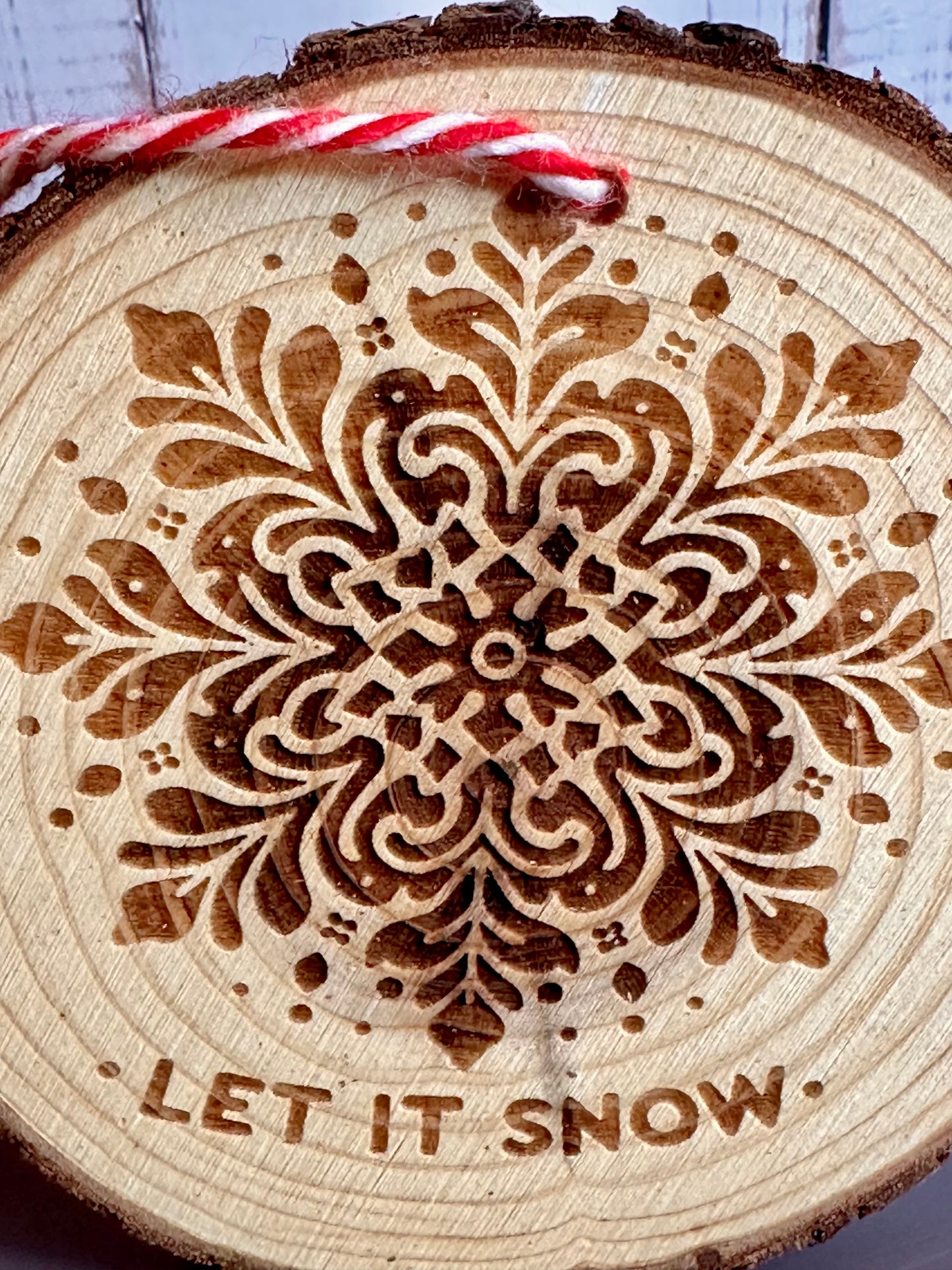 Engraved Live Edge Wooden Round Ornament - Let It Snow, Ornate Snowflake
