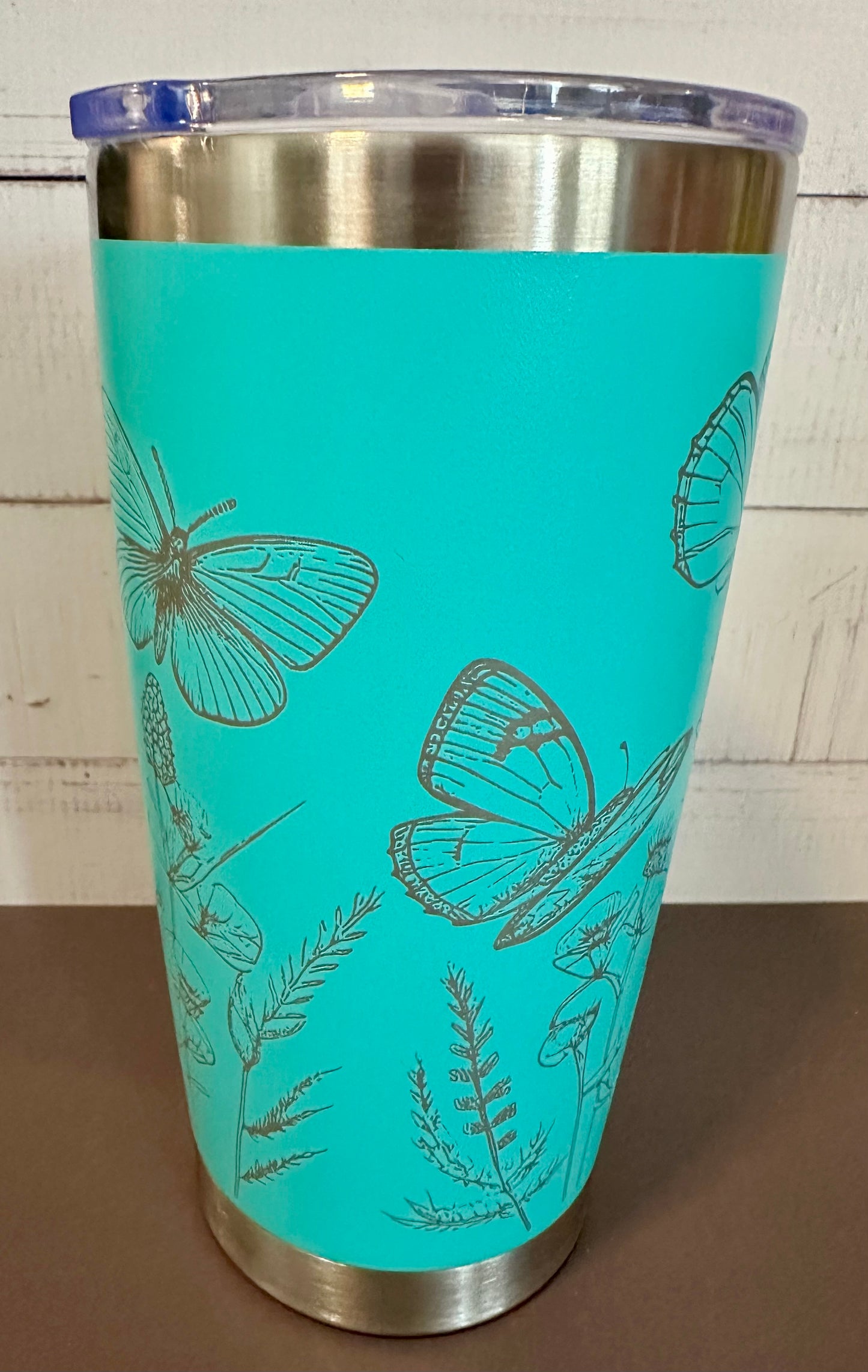 20oz. Insulated Travel Tumbler with Slide Lid - Teal with Wildflowers and Butterflies