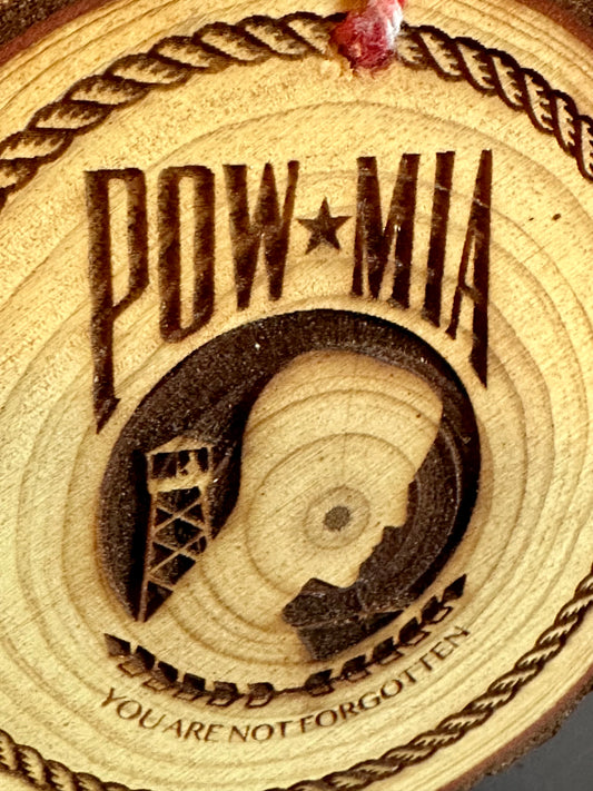 Engraved Live Edge Wooden Round Ornament - POW-MIA
