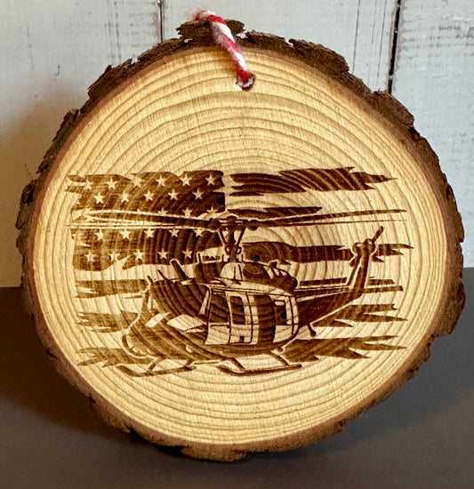 Engraved Live Edge Wooden Round Ornament - Huey Helicopter with Flag