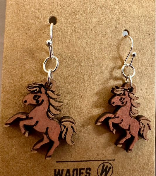 Wooden Engraved Dangle Earrings - Horse