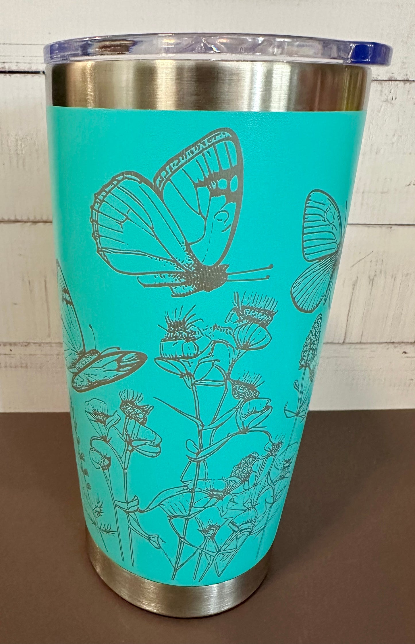 20oz. Insulated Travel Tumbler with Slide Lid - Teal with Wildflowers and Butterflies