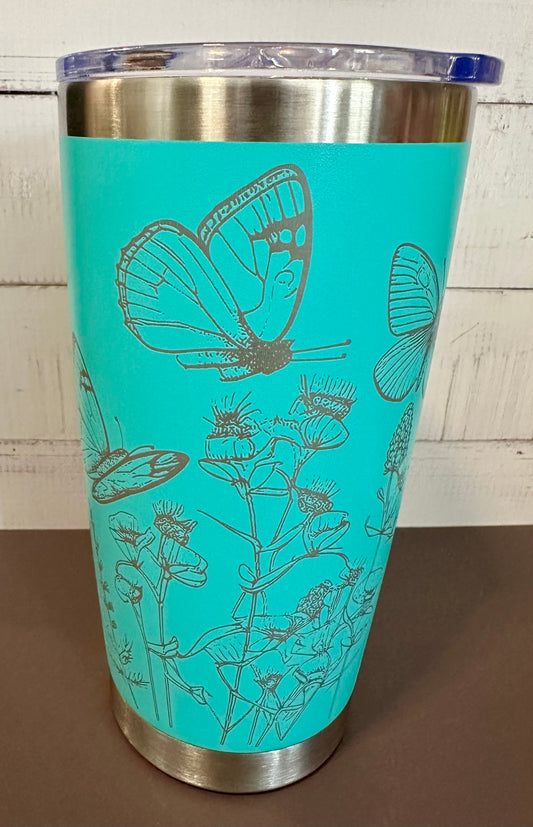 20oz. Insulated Travel Tumbler with Slide Lid - Teal with Wildflowers and Butterflies