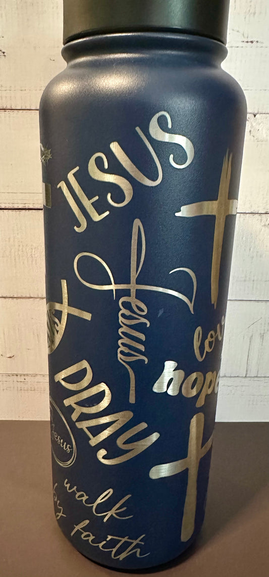 40oz. Insulated Water Bottle with Collapsible Straw Lid - Navy, Faith Collage
