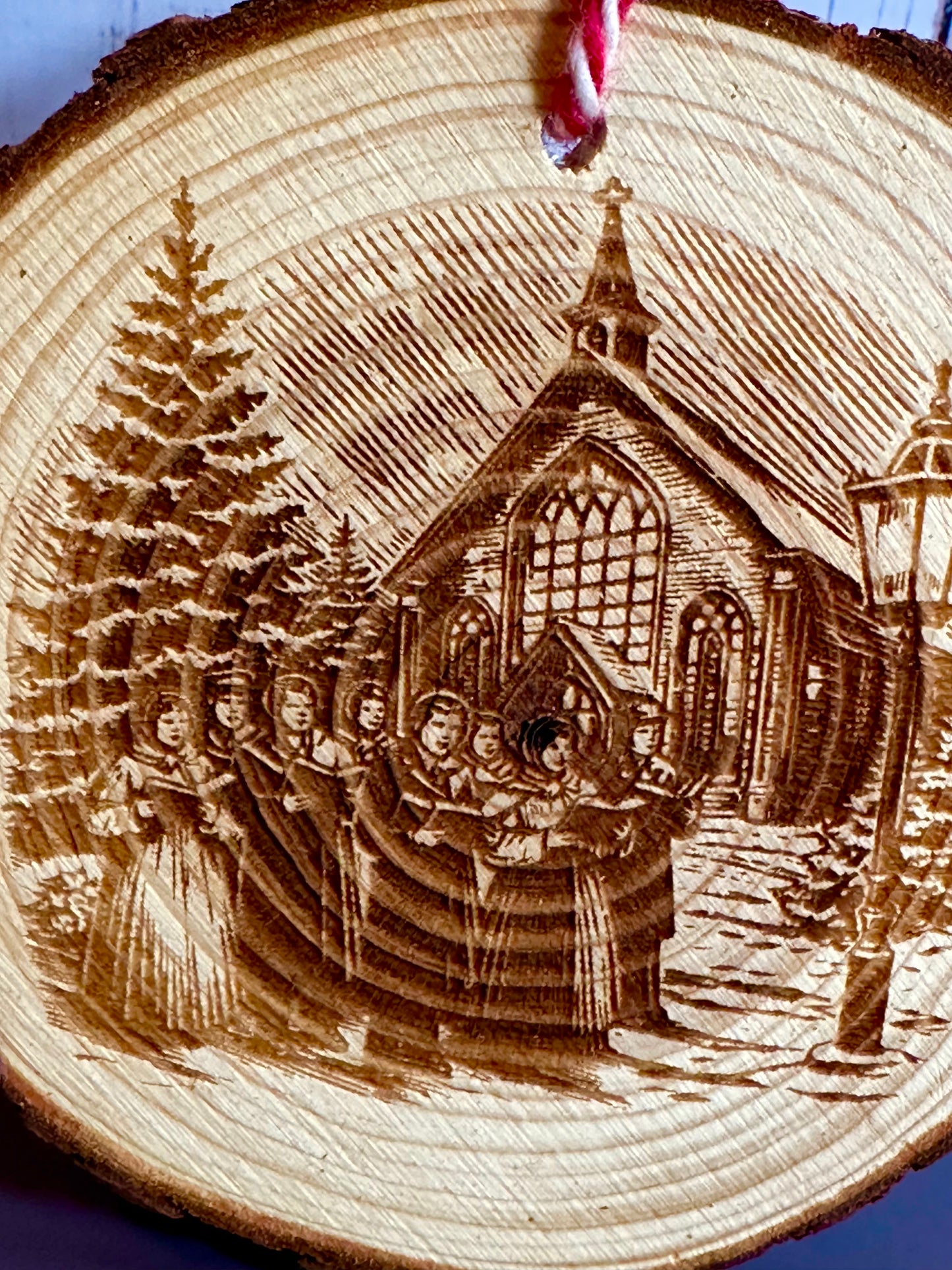 Engraved Live Edge Wooden Round Ornament - Vintage Carolers with Church