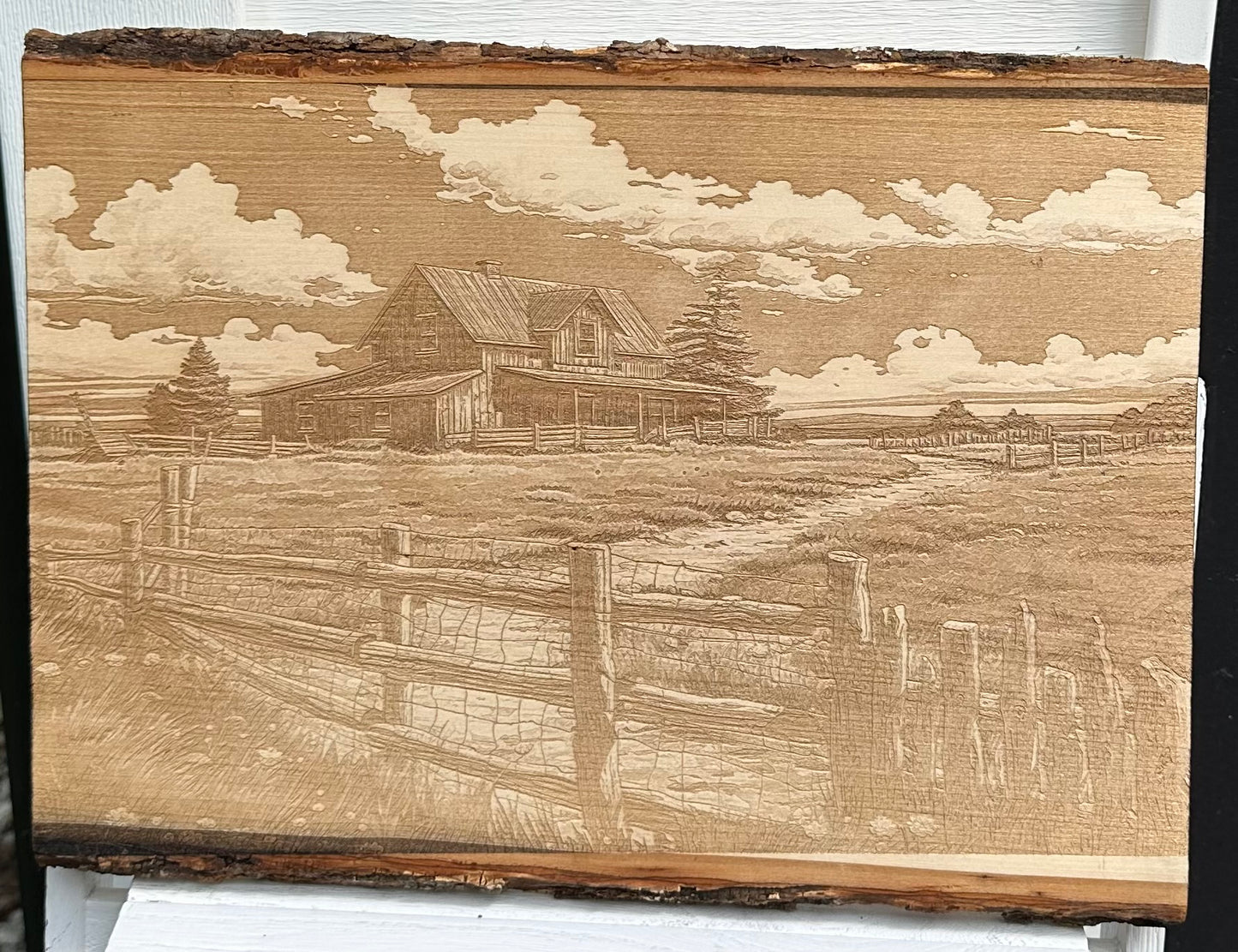 Farmhouse with Wooden Fence and Dirt Drive Live Edge Rectangular Plaque