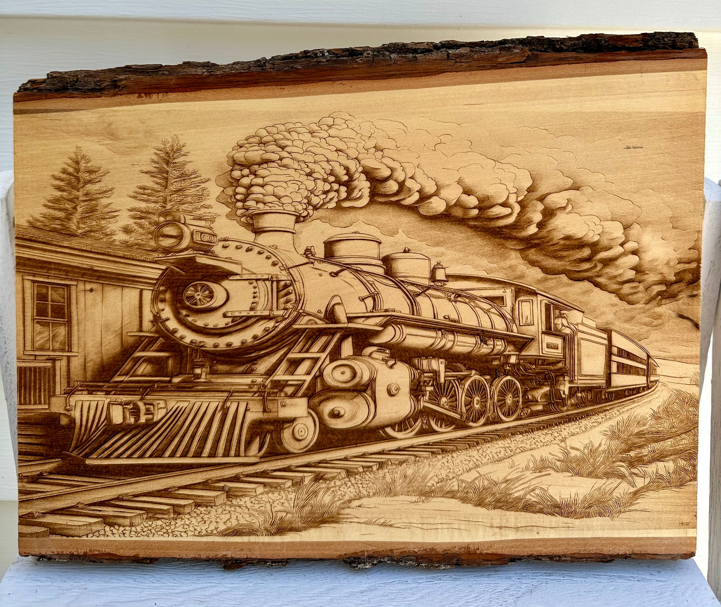 Steam Train in Station Live Edge Rectangular Plaque