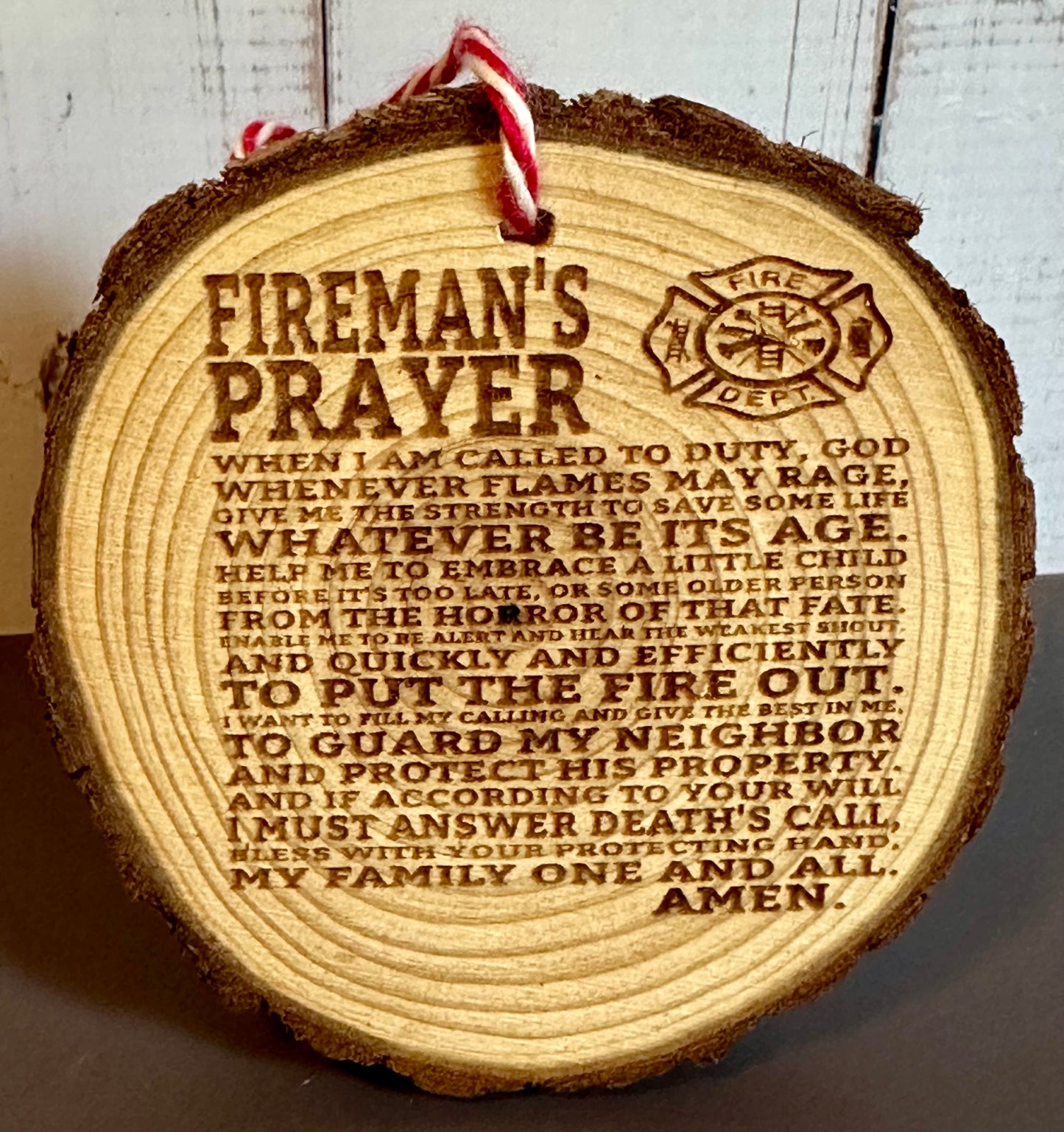 Engraved Live Edge Wooden Round Ornament - Fireman’s Prayer