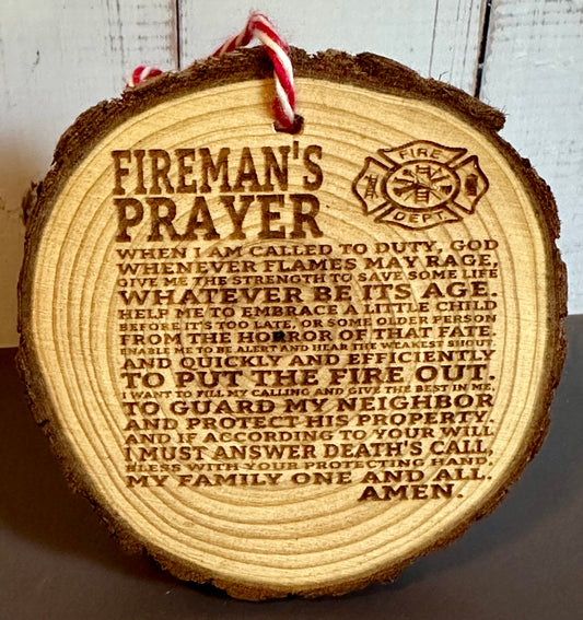 Engraved Live Edge Wooden Round Ornament - Fireman’s Prayer