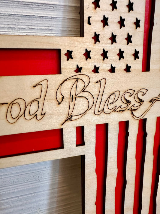 3D Layered and Engraved Wood Cross - God Bless America