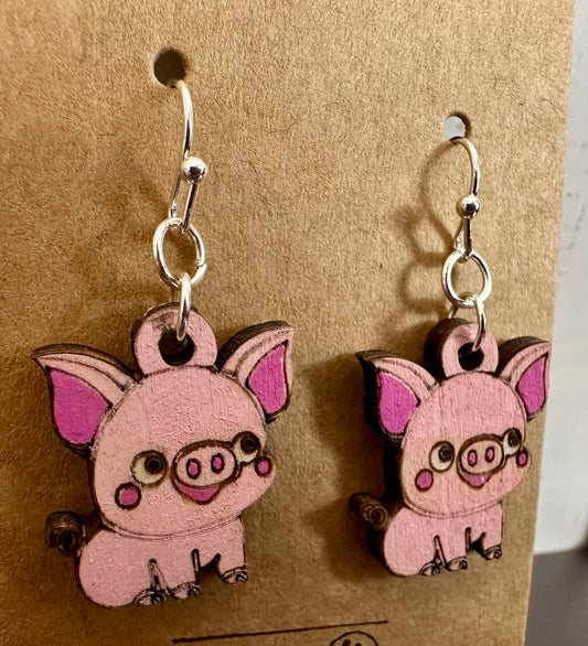Wooden Engraved Dangle Earrings - Pig