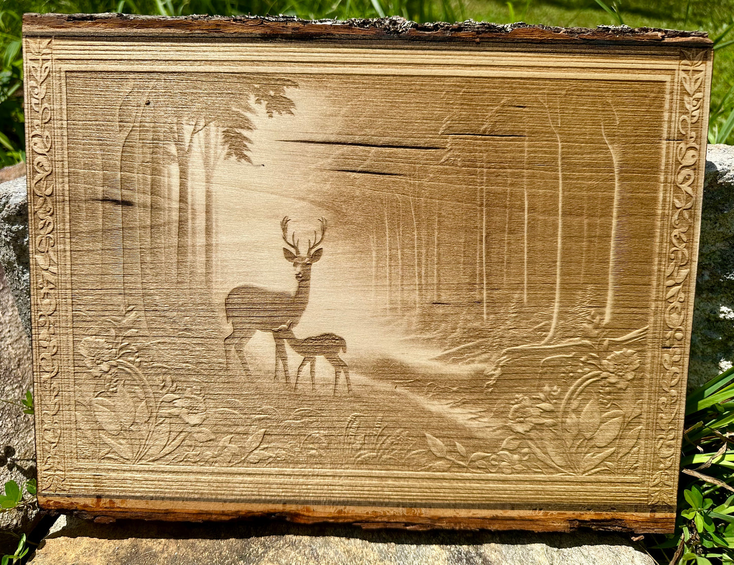 Deer Family in Forest Live Edge Rectangular Plaque