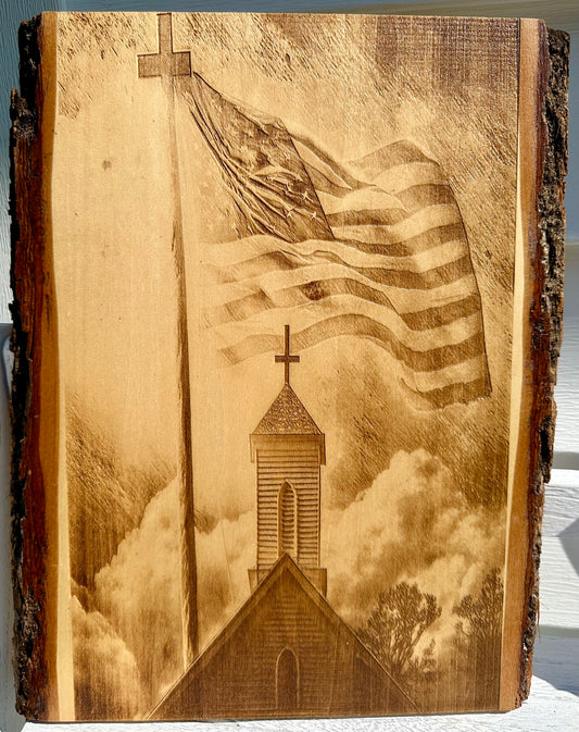 Church with Flag Live Edge Rectangular Plaque