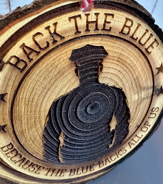 Engraved Live Edge Wooden Round Ornament - Back the Blue, Police Officer