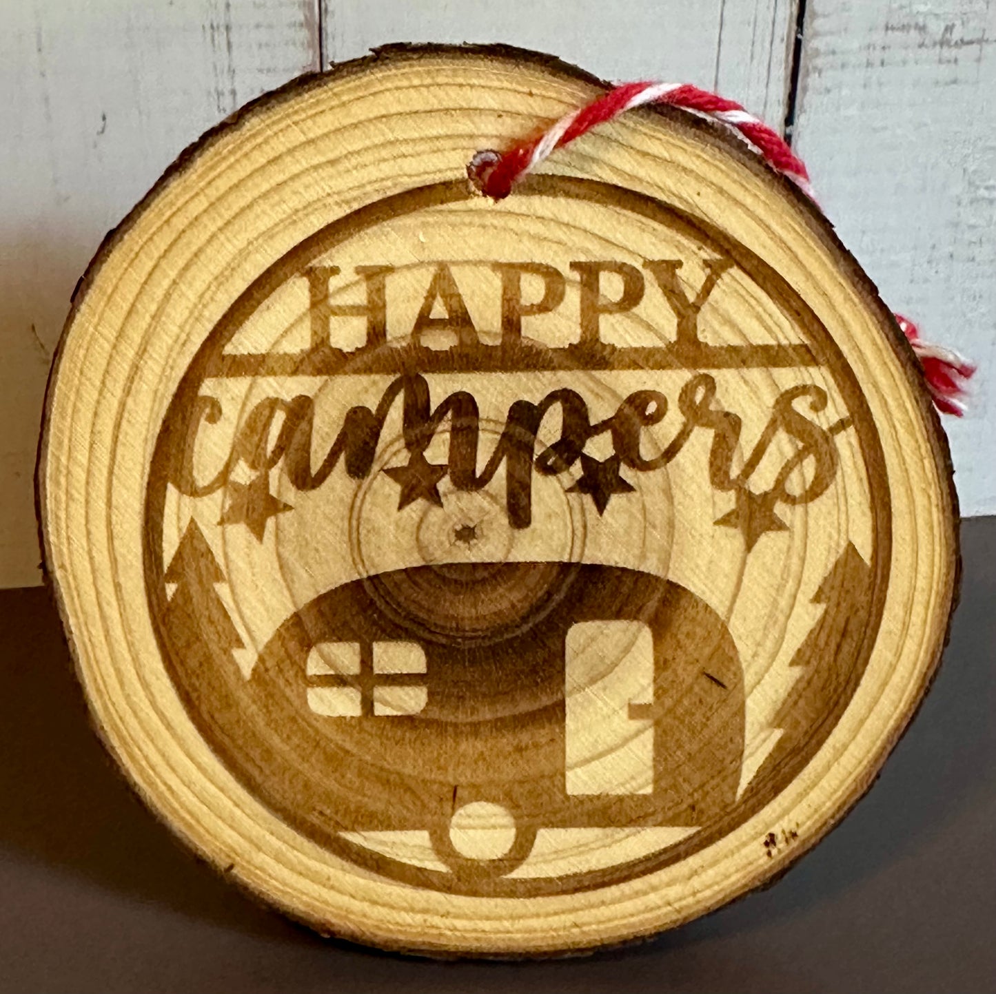 Engraved Live Edge Wooden Round Ornament - Happy Camper