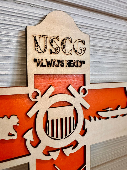 3D Layered and Engraved Wood Cross - Coast Guard