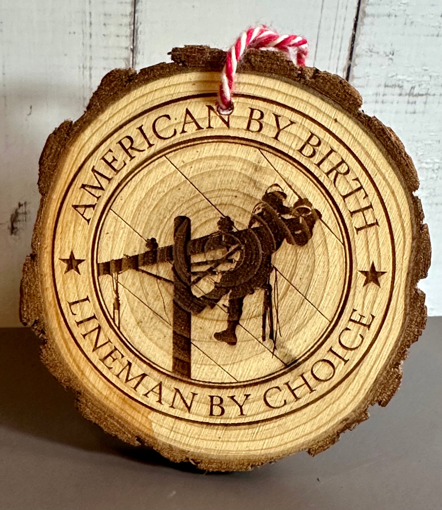 Engraved Live Edge Wooden Round Ornament - Lineman By Choice