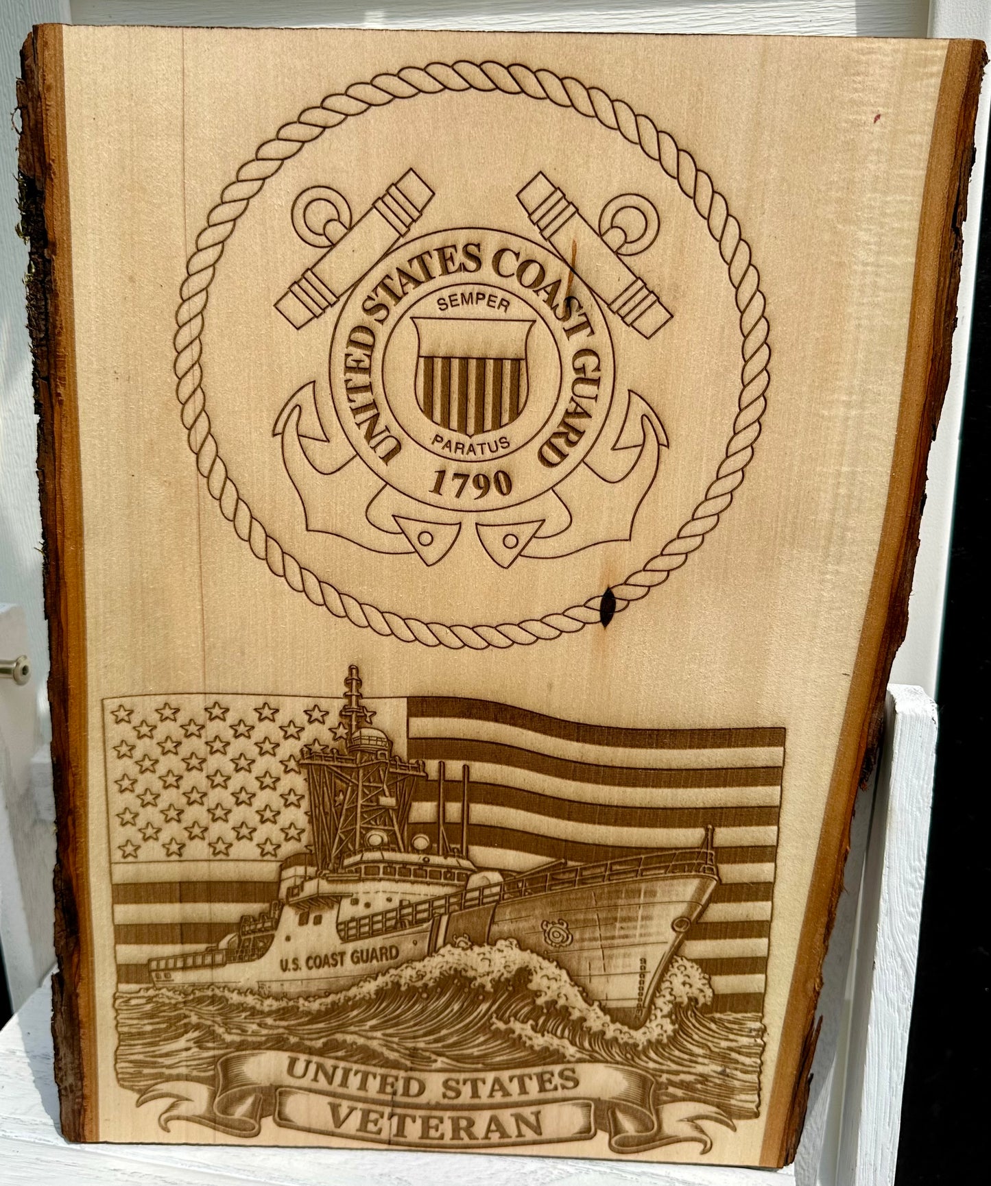 Military Coast Guard Seal, Flag, and Cutter Live Edge Rectangular Plaque