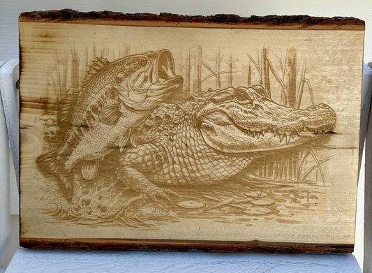 Alligator and Bass Live Edge Rectangular Plaque