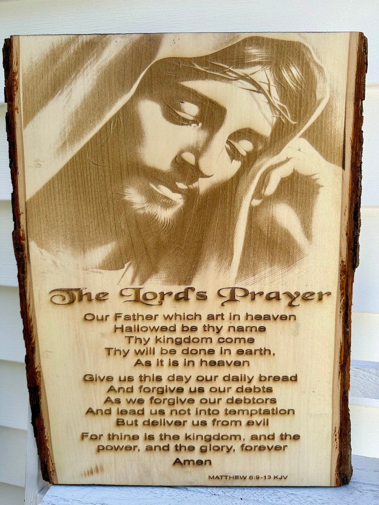 The Lord’s Prayer with Jesus, Head on Hand Live Edge Rectangular Plaque
