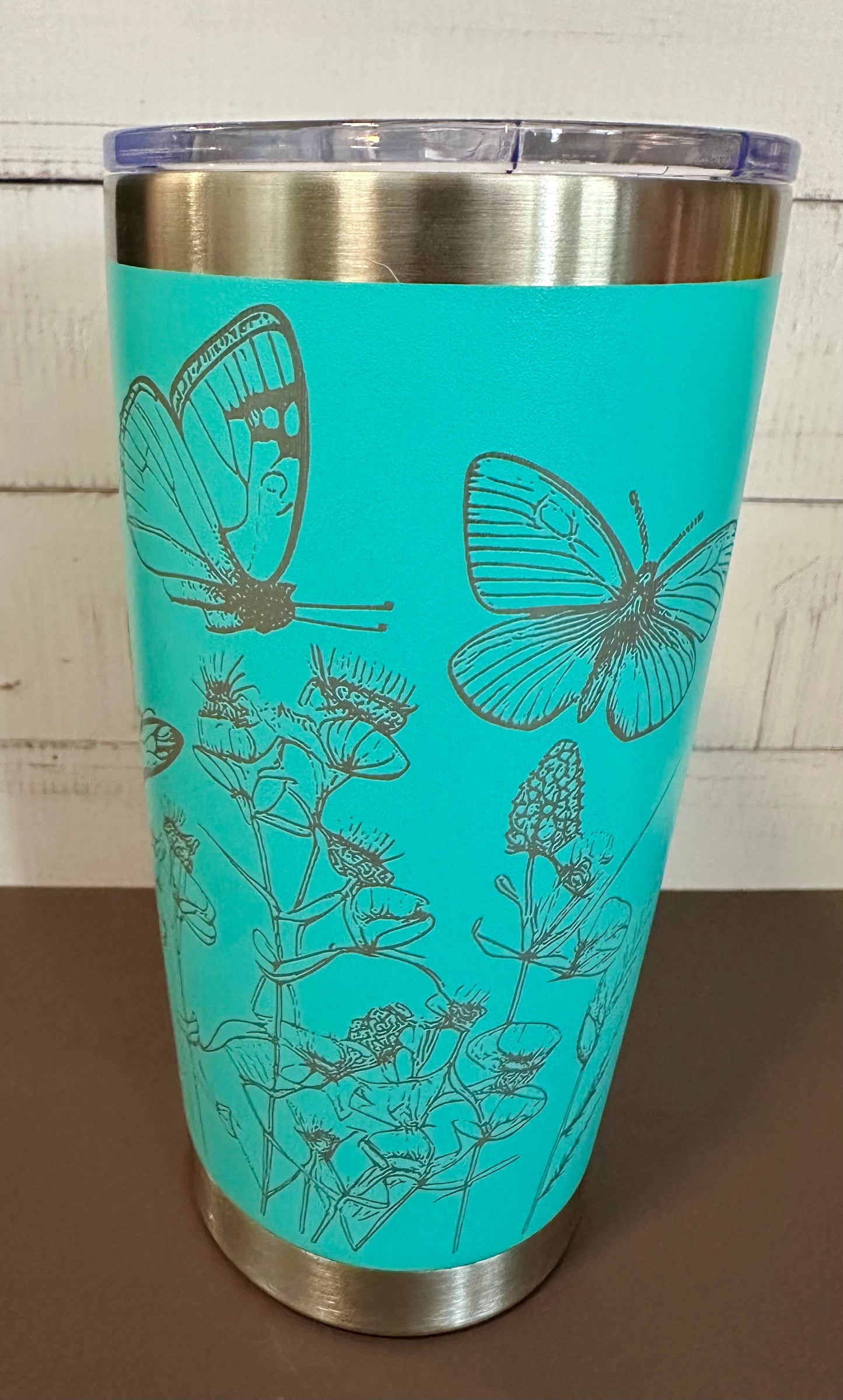 20oz. Insulated Travel Tumbler with Slide Lid - Teal with Wildflowers and Butterflies