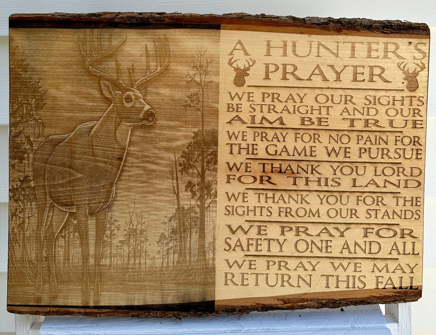 Hunter’s Prayer with Large Buck Live Edge Rectangular Plaque