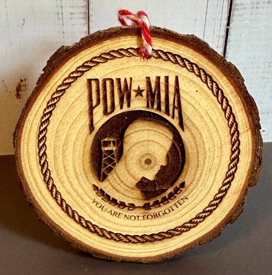 Engraved Live Edge Wooden Round Ornament - POW-MIA